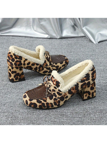 Plus Size Women Square Toe Leopard Print Chunky Heel Mary Jane Flats, Winter Plus Size Women Square Toe Leopard Print Chunky Heel Mary Jane Flats, Winter