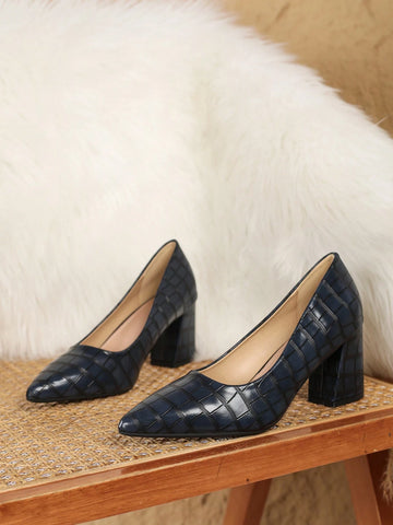 Plus Size Women's High Heel Pointed Toe Pumps, Chunky Heel Fashion Casual Shoes, Blue Plus Size Women's High Heel Pointed Toe Pumps, Chunky Heel Fashion Casual Shoes, Blue