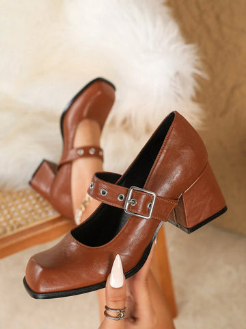 Plus Size Women's Mary Jane Pumps, Chunky Heels, Square Toe, Khak Plus Size Women's Mary Jane Pumps, Chunky Heels, Square Toe, Khak