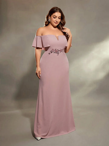 Plus Size Women's Off The Shoulder Ruffle Sleeve V-neck Glitter Waist Floral Decor Mermaid Bridesmaid Dress Plus Size Women's Off The Shoulder Ruffle Sleeve V-neck Glitter Waist Floral Decor Mermaid Bridesmaid Dress