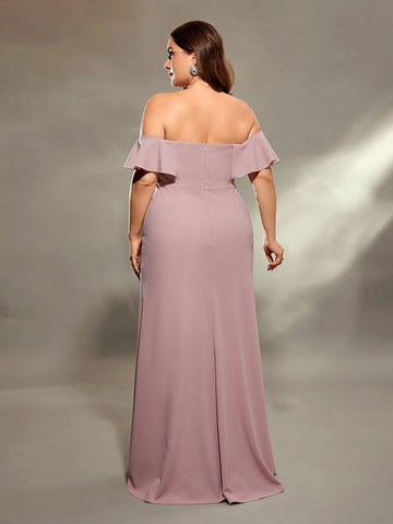 Plus Size Women's Off The Shoulder Ruffle Sleeve V-neck Glitter Waist Floral Decor Mermaid Bridesmaid Dress Plus Size Women's Off The Shoulder Ruffle Sleeve V-neck Glitter Waist Floral Decor Mermaid Bridesmaid Dress