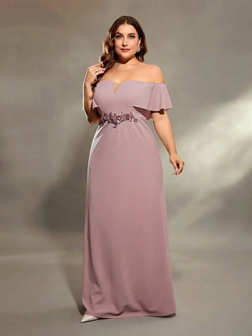 Plus Size Women's Off The Shoulder Ruffle Sleeve V-neck Glitter Waist Floral Decor Mermaid Bridesmaid Dress Plus Size Women's Off The Shoulder Ruffle Sleeve V-neck Glitter Waist Floral Decor Mermaid Bridesmaid Dress