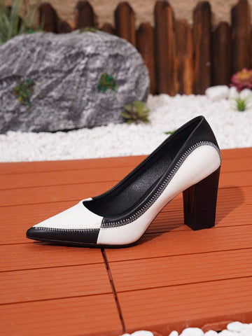 Plus Size Women's Pointed Toe High Heel Block Shoes, Elegant Black White Color Blocking Design Plus Size Women's Pointed Toe High Heel Block Shoes, Elegant Black White Color Blocking Design