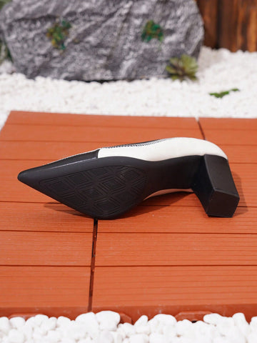 Plus Size Women's Pointed Toe High Heel Block Shoes, Elegant Black White Color Blocking Design Plus Size Women's Pointed Toe High Heel Block Shoes, Elegant Black White Color Blocking Design