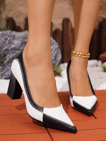 Plus Size Women's Pointed Toe High Heel Block Shoes, Elegant Black White Color Blocking Design Plus Size Women's Pointed Toe High Heel Block Shoes, Elegant Black White Color Blocking Design