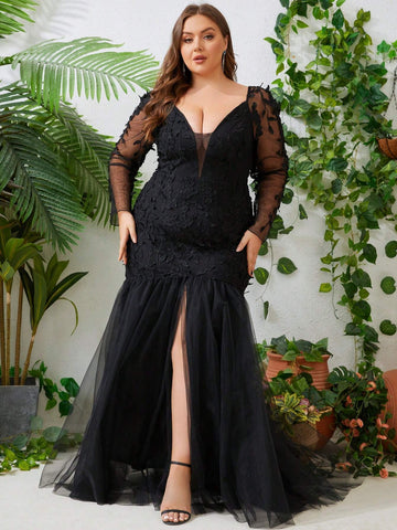 Plus Wedding Dress Floral Mesh Formal Gowns Long Sleeve Plus Wedding Dress Floral Mesh Formal Gowns Long Sleeve