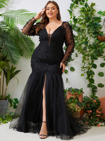 Plus Wedding Dress Floral Mesh Formal Gowns Long Sleeve Plus Wedding Dress Floral Mesh Formal Gowns Long Sleeve
