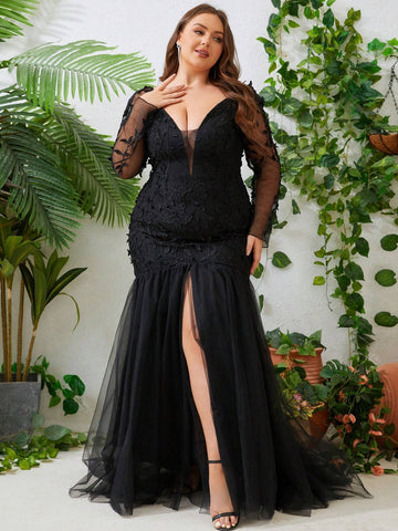 Plus Wedding Dress Floral Mesh Formal Gowns Long Sleeve Plus Wedding Dress Floral Mesh Formal Gowns Long Sleeve