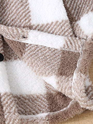 Plush Checkered Button Decor Long Sleeve Casual Loose Jacket For Girls, Autumn Plush Checkered Button Decor Long Sleeve Casual Loose Jacket For Girls, Autumn