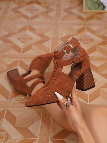 Pointed Toe Woven Hollow Out Roman Style High Heel Sandals For Women, Vintage European Design Pointed Toe Woven Hollow Out Roman Style High Heel Sandals For Women, Vintage European Design