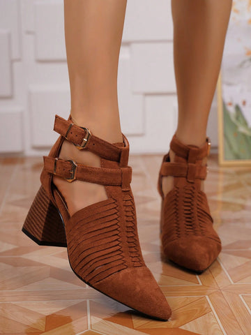 Pointed Toe Woven Hollow Out Roman Style High Heel Sandals For Women, Vintage European Design Pointed Toe Woven Hollow Out Roman Style High Heel Sandals For Women, Vintage European Design