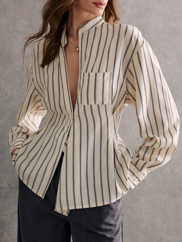 1pc Premium Stripe Twisted Waist Layering Shirt 1pc Premium Stripe Twisted Waist Layering Shirt