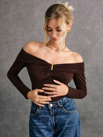 Elegant Solid Color Off-Shoulder Fitted T-Shirt For Women, Autumn Elegant Solid Color Off-Shoulder Fitted T-Shirt For Women, Autumn