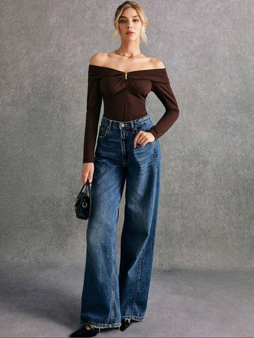 Elegant Solid Color Off-Shoulder Fitted T-Shirt For Women, Autumn Elegant Solid Color Off-Shoulder Fitted T-Shirt For Women, Autumn