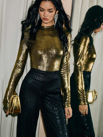 Gold Top,Christmas Women Clothes, 2024 AW, Winter Clothes,1pc Women's Elegant Metallic Thumb Ho Gold Top,Christmas Women Clothes, 2024 AW, Winter Clothes,1pc Women's Elegant Metallic Thumb Ho