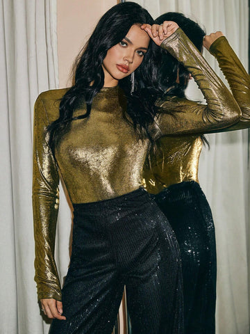 Gold Top,Christmas Women Clothes, 2024 AW, Winter Clothes,1pc Women's Elegant Metallic Thumb Ho Gold Top,Christmas Women Clothes, 2024 AW, Winter Clothes,1pc Women's Elegant Metallic Thumb Ho