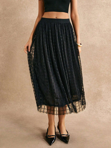 Poéselle Scallop Waistband Geo Mesh Overlay Skirt Poéselle Scallop Waistband Geo Mesh Overlay Skirt