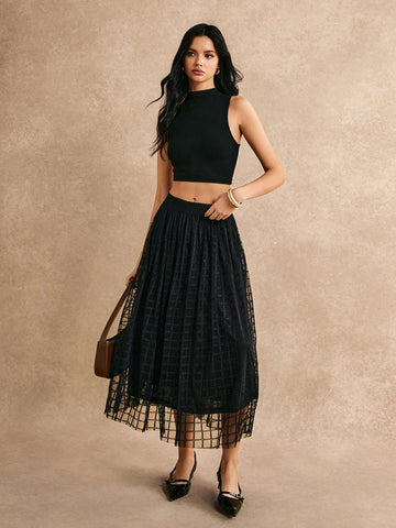 Poéselle Scallop Waistband Geo Mesh Overlay Skirt Poéselle Scallop Waistband Geo Mesh Overlay Skirt