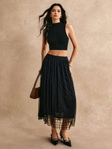 Poéselle Scallop Waistband Geo Mesh Overlay Skirt Poéselle Scallop Waistband Geo Mesh Overlay Skirt