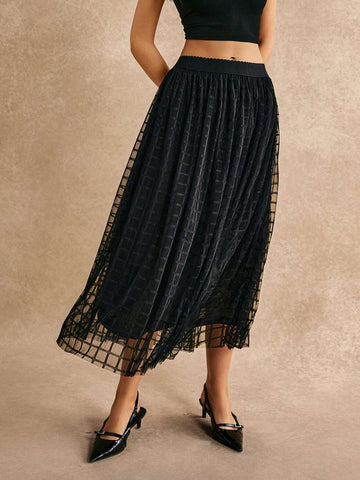 Poéselle Scallop Waistband Geo Mesh Overlay Skirt Poéselle Scallop Waistband Geo Mesh Overlay Skirt