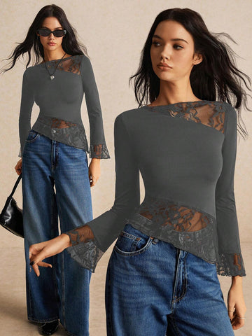 Women Clothes,Women Shirts, Women's Fall Clothes Summer Slim Fit Asymmetric Lace Long Sleeve T-Shirt With Hem Splicing And Flutter Design, Halloween Costume Coquette Top, All Season Essential, Comfy High Strech Fabric Women Clothes,Women Shirts, Women's Fall Clothes Summer Slim Fit Asymmetric Lace Long Sleeve T-Shirt With Hem Splicing And Flutter Design, Halloween Costume Coquette Top, All Season Essential, Comfy High Strech Fabric