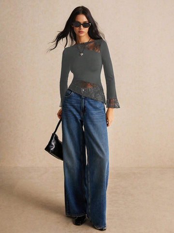 Women Clothes,Women Shirts, Women's Fall Clothes Summer Slim Fit Asymmetric Lace Long Sleeve T-Shirt With Hem Splicing And Flutter Design, Halloween Costume Coquette Top, All Season Essential, Comfy High Strech Fabric Women Clothes,Women Shirts, Women's Fall Clothes Summer Slim Fit Asymmetric Lace Long Sleeve T-Shirt With Hem Splicing And Flutter Design, Halloween Costume Coquette Top, All Season Essential, Comfy High Strech Fabric