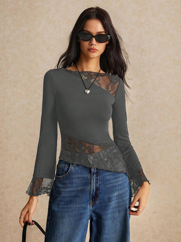 Women Clothes,Women Shirts, Women's Fall Clothes Summer Slim Fit Asymmetric Lace Long Sleeve T-Shirt With Hem Splicing And Flutter Design, Halloween Costume Coquette Top, All Season Essential, Comfy High Strech Fabric Women Clothes,Women Shirts, Women's Fall Clothes Summer Slim Fit Asymmetric Lace Long Sleeve T-Shirt With Hem Splicing And Flutter Design, Halloween Costume Coquette Top, All Season Essential, Comfy High Strech Fabric