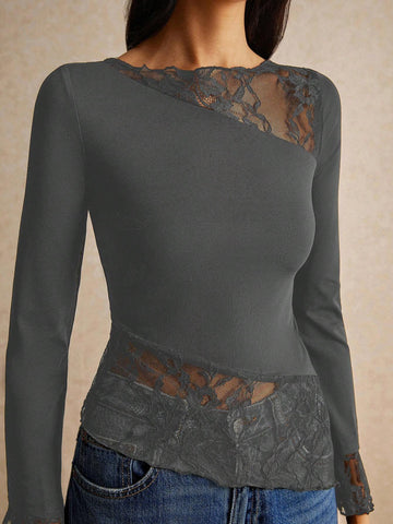 Women Clothes,Women Shirts, Women's Fall Clothes Summer Slim Fit Asymmetric Lace Long Sleeve T-Shirt With Hem Splicing And Flutter Design, Halloween Costume Coquette Top, All Season Essential, Comfy High Strech Fabric Women Clothes,Women Shirts, Women's Fall Clothes Summer Slim Fit Asymmetric Lace Long Sleeve T-Shirt With Hem Splicing And Flutter Design, Halloween Costume Coquette Top, All Season Essential, Comfy High Strech Fabric