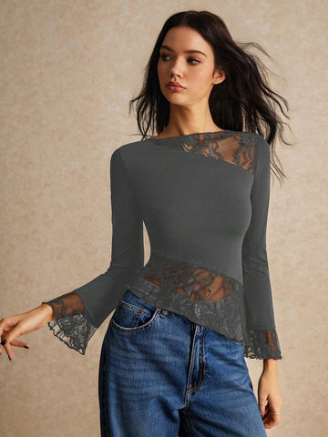 Women Clothes,Women Shirts, Women's Fall Clothes Summer Slim Fit Asymmetric Lace Long Sleeve T-Shirt With Hem Splicing And Flutter Design, Halloween Costume Coquette Top, All Season Essential, Comfy High Strech Fabric Women Clothes,Women Shirts, Women's Fall Clothes Summer Slim Fit Asymmetric Lace Long Sleeve T-Shirt With Hem Splicing And Flutter Design, Halloween Costume Coquette Top, All Season Essential, Comfy High Strech Fabric