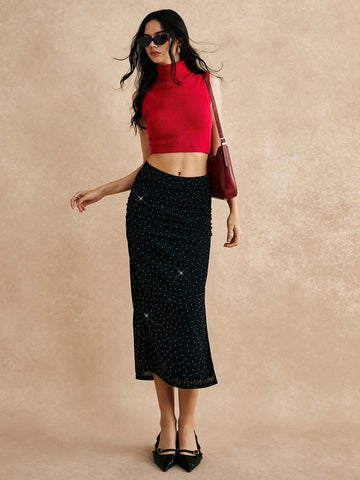 Poéselle Women's Bottoms Party Skirts Valentine's Day Evening Rhinestone Decor Ruched Long Skirt, Fashionable Elegant Poéselle Women's Bottoms Party Skirts Valentine's Day Evening Rhinestone Decor Ruched Long Skirt, Fashionable Elegant