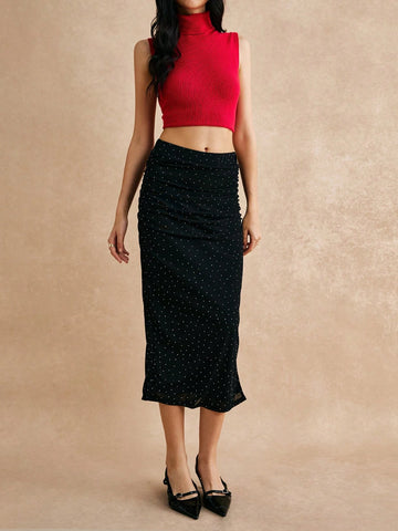 Poéselle Women's Bottoms Party Skirts Valentine's Day Evening Rhinestone Decor Ruched Long Skirt, Fashionable Elegant Poéselle Women's Bottoms Party Skirts Valentine's Day Evening Rhinestone Decor Ruched Long Skirt, Fashionable Elegant