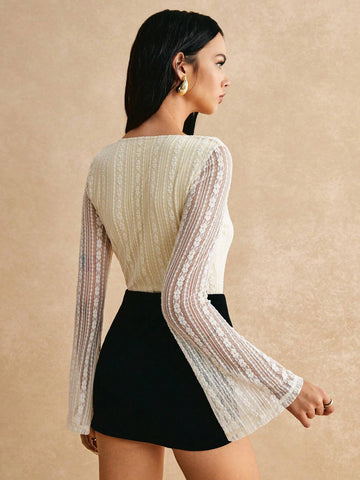 Poéselle Women's Lace Patchwork Long Sleeve Bodysuit, Casual Everyday Wear Poéselle Women's Lace Patchwork Long Sleeve Bodysuit, Casual Everyday Wear