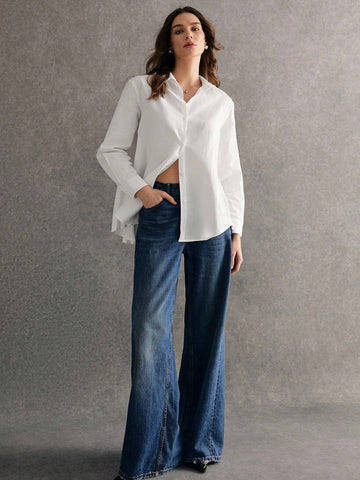 Women's Solid Color Front Button Pleated Elegant Long Sleeve Blouse,2024 AW, Winter Clothes Women's Solid Color Front Button Pleated Elegant Long Sleeve Blouse,2024 AW, Winter Clothes