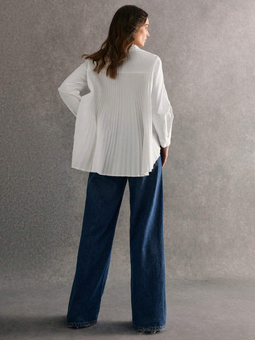 Women's Solid Color Front Button Pleated Elegant Long Sleeve Blouse,2024 AW, Winter Clothes Women's Solid Color Front Button Pleated Elegant Long Sleeve Blouse,2024 AW, Winter Clothes