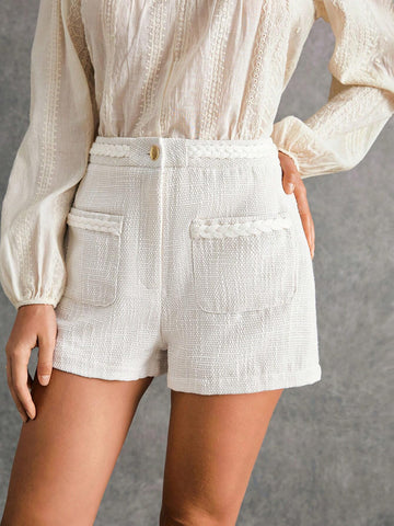 Poéselle Women's Solid Color Front Button Pocket Casual High Waist Slimming Shorts Poéselle Women's Solid Color Front Button Pocket Casual High Waist Slimming Shorts