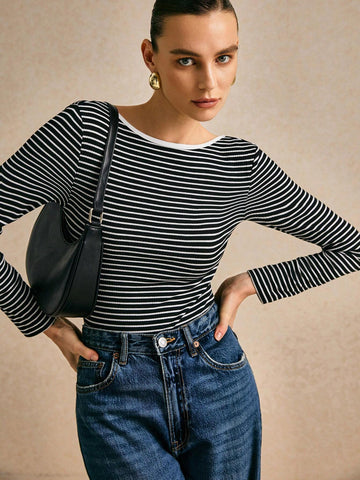 Poéselle Women's Striped Round Neck Long Sleeve Casual Bodysuit, Spring Autumn Poéselle Women's Striped Round Neck Long Sleeve Casual Bodysuit, Spring Autumn