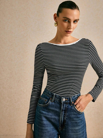 Poéselle Women's Striped Round Neck Long Sleeve Casual Bodysuit, Spring Autumn Poéselle Women's Striped Round Neck Long Sleeve Casual Bodysuit, Spring Autumn