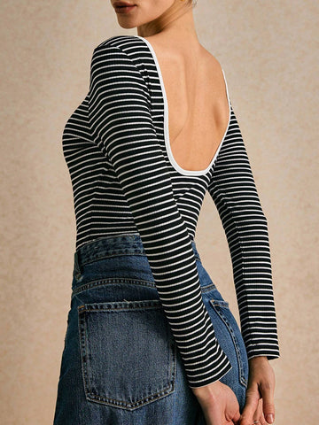 Poéselle Women's Striped Round Neck Long Sleeve Casual Bodysuit, Spring Autumn Poéselle Women's Striped Round Neck Long Sleeve Casual Bodysuit, Spring Autumn