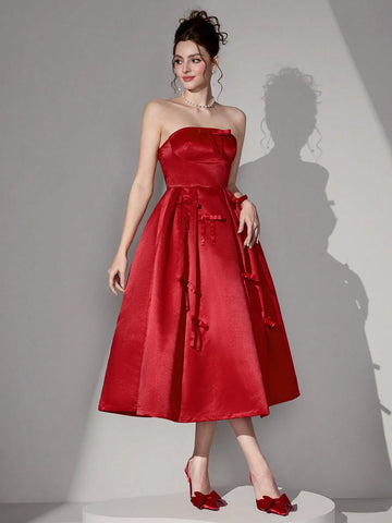 Poshira Women's Elegant Luxury Heavy Embroidery Tube Top Tie Waist Flare Hem Maxi Ball Gown Dress Poshira Women's Elegant Luxury Heavy Embroidery Tube Top Tie Waist Flare Hem Maxi Ball Gown Dress