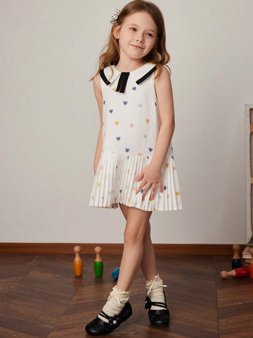 PrepCrw Young Girl Summer Collegiate Style Heart Print Pleated Hem Sleeveless Cute Dress PrepCrw Young Girl Summer Collegiate Style Heart Print Pleated Hem Sleeveless Cute Dress