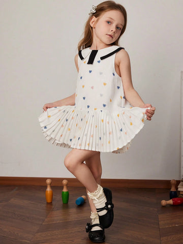 PrepCrw Young Girl Summer Collegiate Style Heart Print Pleated Hem Sleeveless Cute Dress PrepCrw Young Girl Summer Collegiate Style Heart Print Pleated Hem Sleeveless Cute Dress