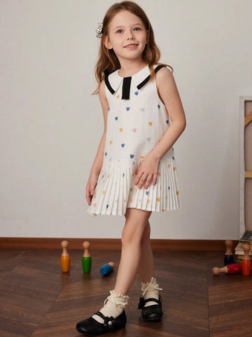 PrepCrw Young Girl Summer Collegiate Style Heart Print Pleated Hem Sleeveless Cute Dress PrepCrw Young Girl Summer Collegiate Style Heart Print Pleated Hem Sleeveless Cute Dress