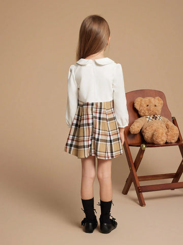 PrepCrw Young Girls Autumn/Winter Preppy British Style White Knit Elastic Check Print Collared Fitted Dress, Back To School PrepCrw Young Girls Autumn/Winter Preppy British Style White Knit Elastic Check Print Collared Fitted Dress, Back To School