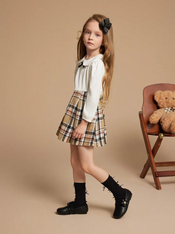PrepCrw Young Girls Autumn/Winter Preppy British Style White Knit Elastic Check Print Collared Fitted Dress, Back To School PrepCrw Young Girls Autumn/Winter Preppy British Style White Knit Elastic Check Print Collared Fitted Dress, Back To School