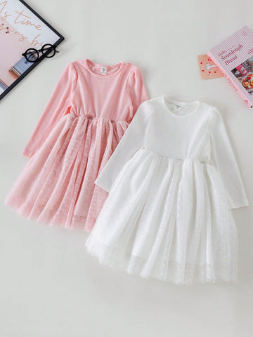 PrepCrw Young Girls Spring/Summer White/Pink Academic Style Knit & Mesh Waist Shaping A-Line Round Neck Dress/Set PrepCrw Young Girls Spring/Summer White/Pink Academic Style Knit & Mesh Waist Shaping A-Line Round Neck Dress/Set