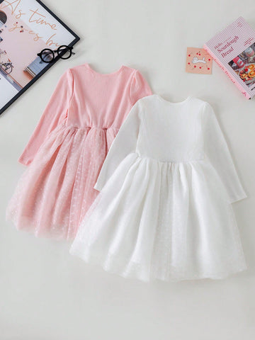 PrepCrw Young Girls Spring/Summer White/Pink Academic Style Knit & Mesh Waist Shaping A-Line Round Neck Dress/Set PrepCrw Young Girls Spring/Summer White/Pink Academic Style Knit & Mesh Waist Shaping A-Line Round Neck Dress/Set