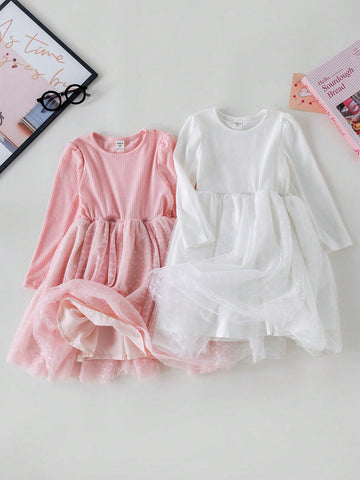 PrepCrw Young Girls Spring/Summer White/Pink Academic Style Knit & Mesh Waist Shaping A-Line Round Neck Dress/Set PrepCrw Young Girls Spring/Summer White/Pink Academic Style Knit & Mesh Waist Shaping A-Line Round Neck Dress/Set