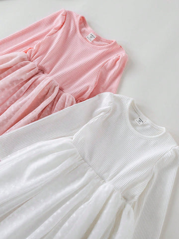 PrepCrw Young Girls Spring/Summer White/Pink Academic Style Knit & Mesh Waist Shaping A-Line Round Neck Dress/Set PrepCrw Young Girls Spring/Summer White/Pink Academic Style Knit & Mesh Waist Shaping A-Line Round Neck Dress/Set