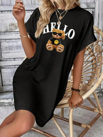 Printed Bear Crew-Neck Dress, Spring/Summer Casual Short-Sleeved Dress, Women's Clothing Printed Bear Crew-Neck Dress, Spring/Summer Casual Short-Sleeved Dress, Women's Clothing