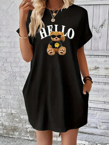 Printed Bear Crew-Neck Dress, Spring/Summer Casual Short-Sleeved Dress, Women's Clothing Printed Bear Crew-Neck Dress, Spring/Summer Casual Short-Sleeved Dress, Women's Clothing